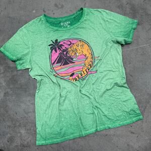 Vintage Y2k Guess Mcbling Tiger Pyramids 1987 Green Pink Graphic Tee Women's XL